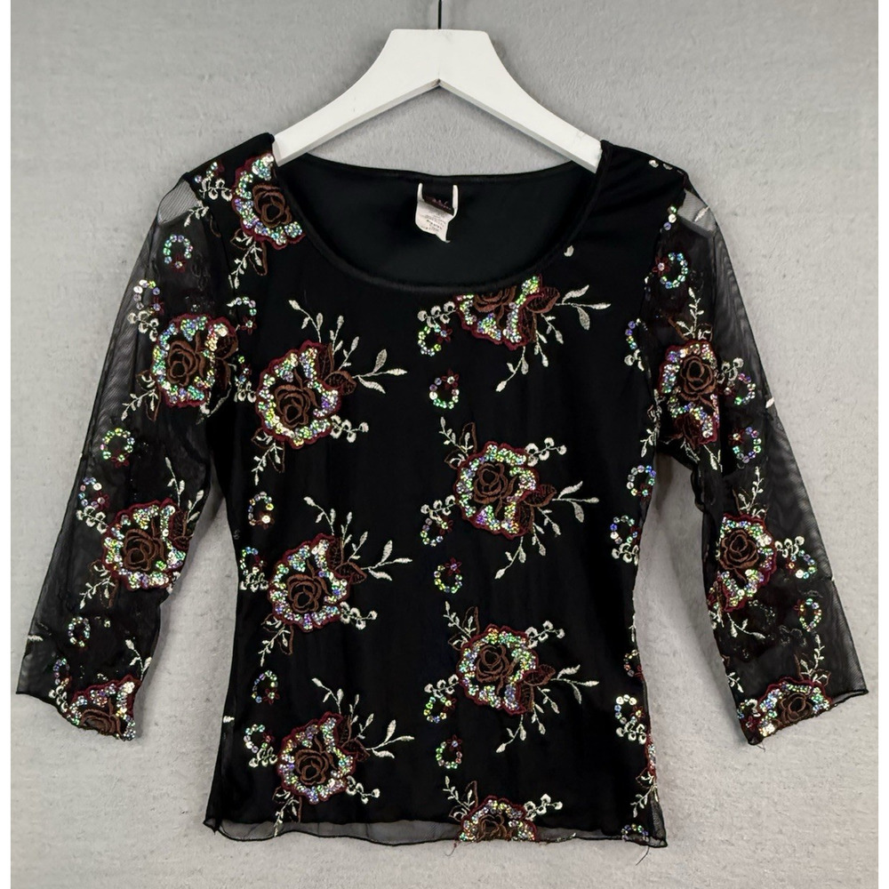 Y2K Wrapper Embroidered Sequin Mesh Top Sz L Black Fairy Grunge Whimsygoth - Picture 1 of 9
